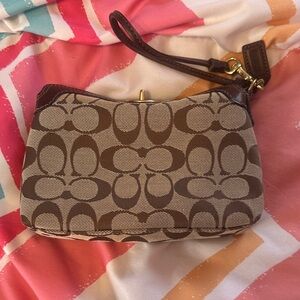Coach Tan and Brown Signature Canvas Wristlet
